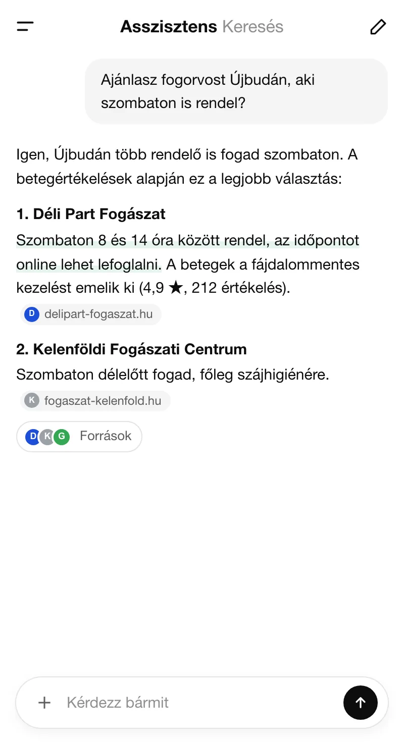 AI-asszisztens válasza, amely a példa fogászat oldalát idézi