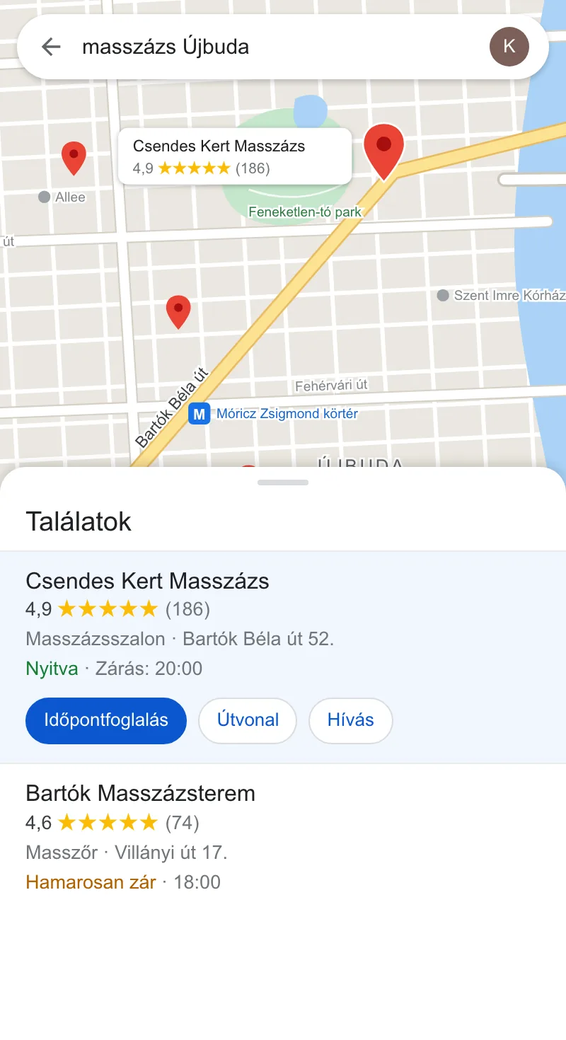 Térképes találatok, kiemelve a példa masszázsszalon