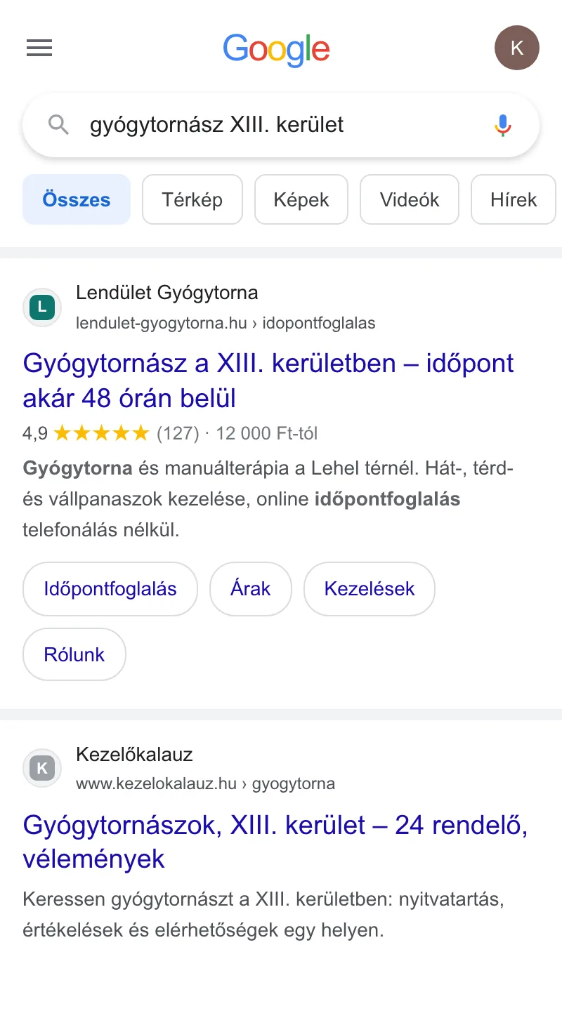 Google-találati oldal, a példa gyógytornász az első helyen